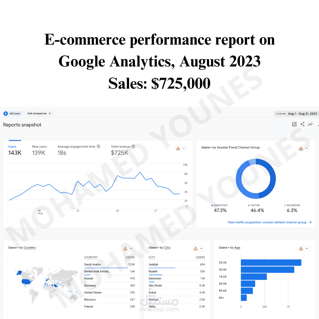 E-commerce performance report on Google Analytics, August 2023 Sales: $725,000