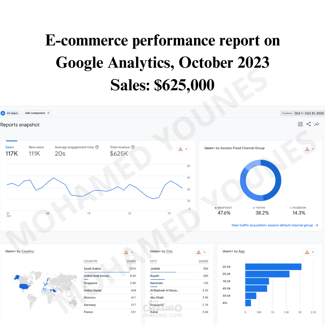 E-commerce performance report on Google Analytics, October 2023 Sales: $625,000