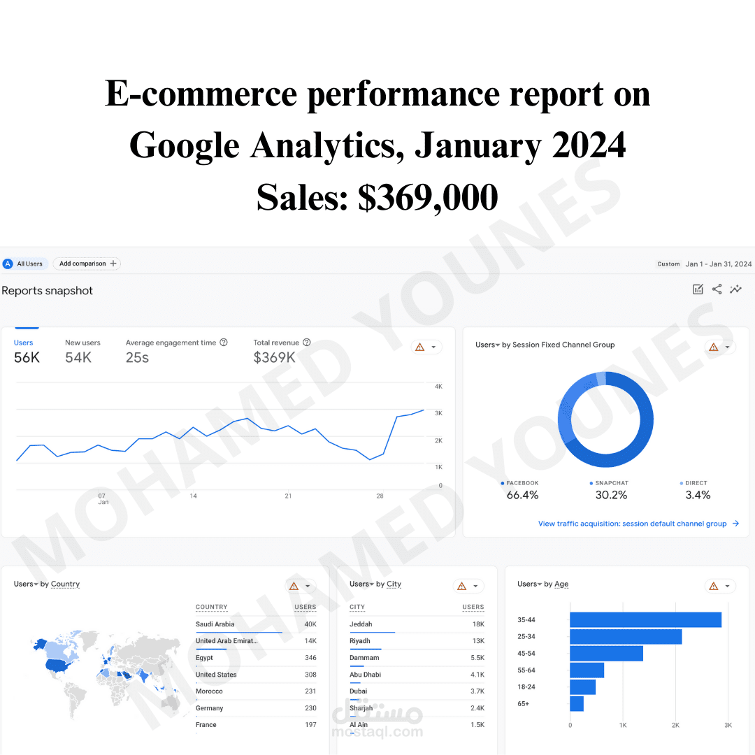 E-commerce performance report on Google Analytics, January 2024 Sales: $369,000