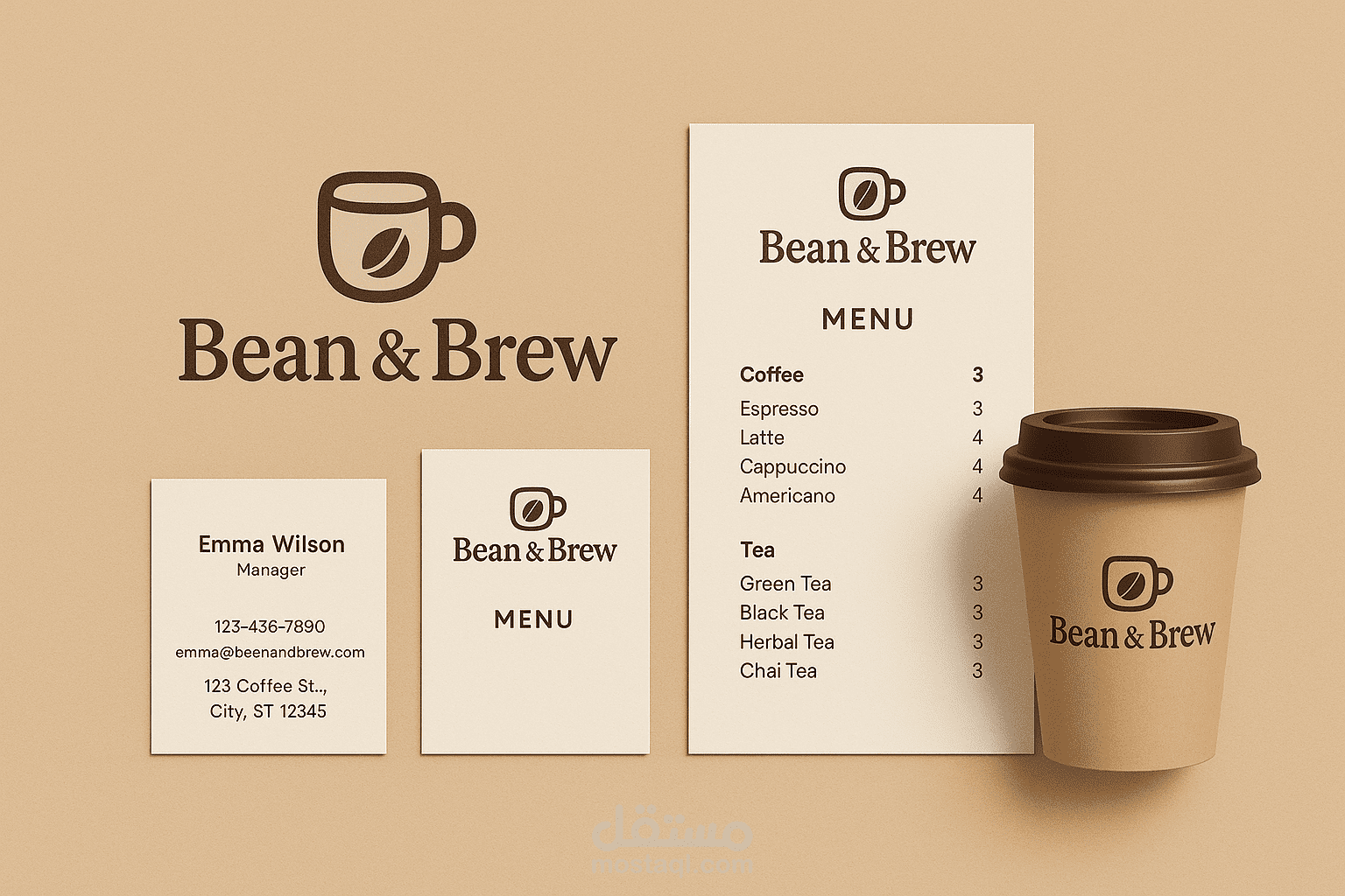 تصميم هوية بصريه كامله لمقهى "Bean Brew"