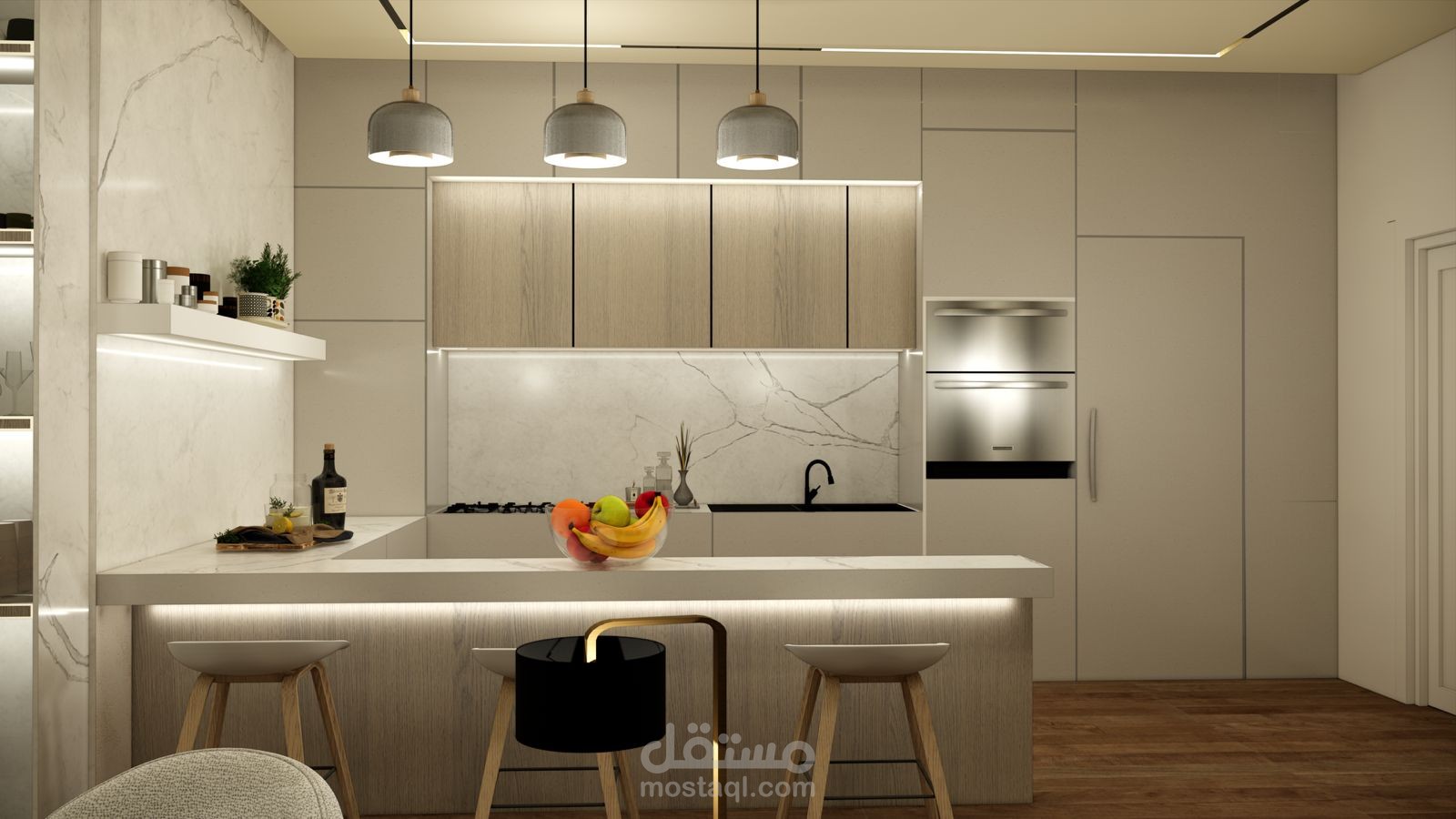 تصميم مطبخ مودرن مفتوح على الصالة بتوزيع ذكي وأناقة متكاملة