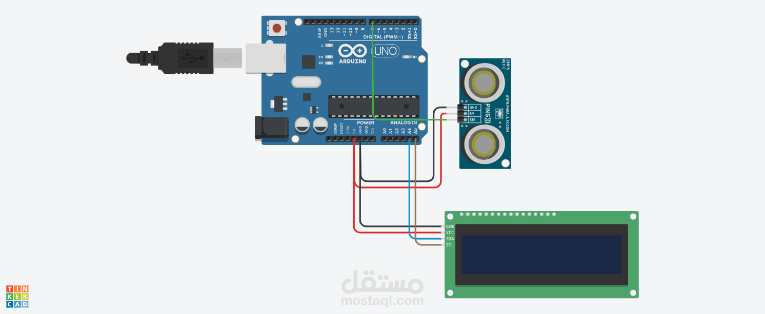 arduino circuit on tinkercad distance measure