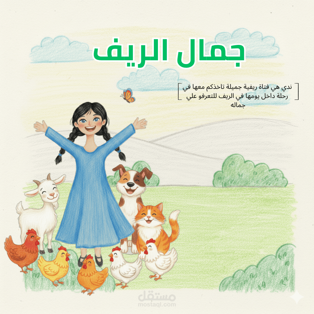 تصميم وكتابة قصة أطفال متكاملة (جمال الريف) – بأسلوب الرسم اليدوي