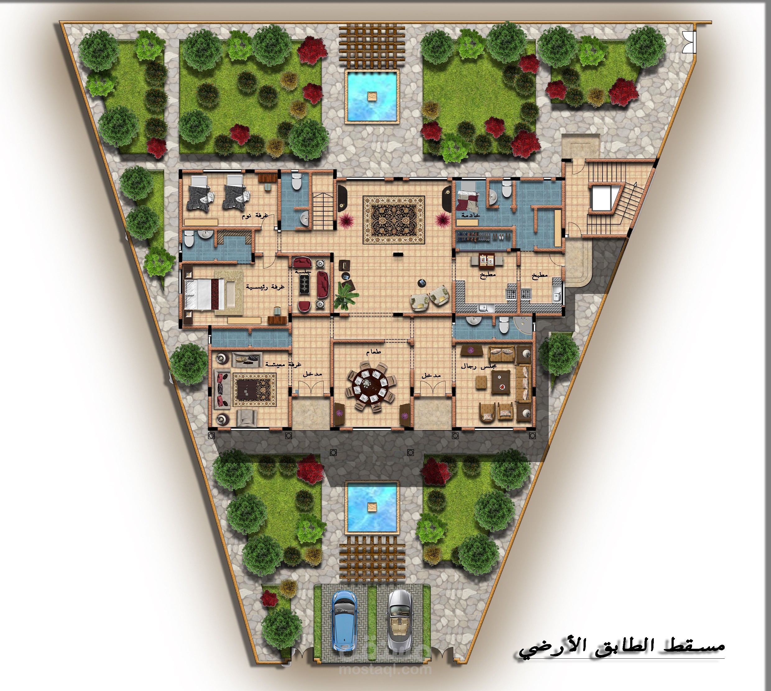 نموذج من التصميم المعماري لفيلا مع لاندسكيب .