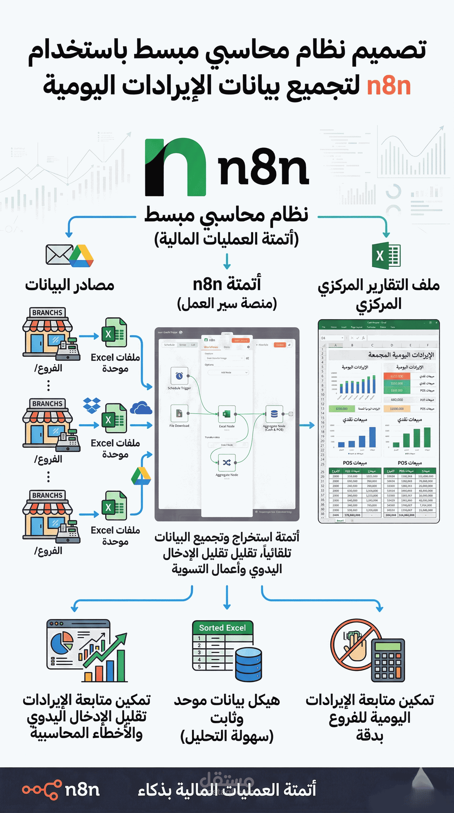 أتمتة وتجميع الإيرادات اليومية للفروع باستخدام n8n