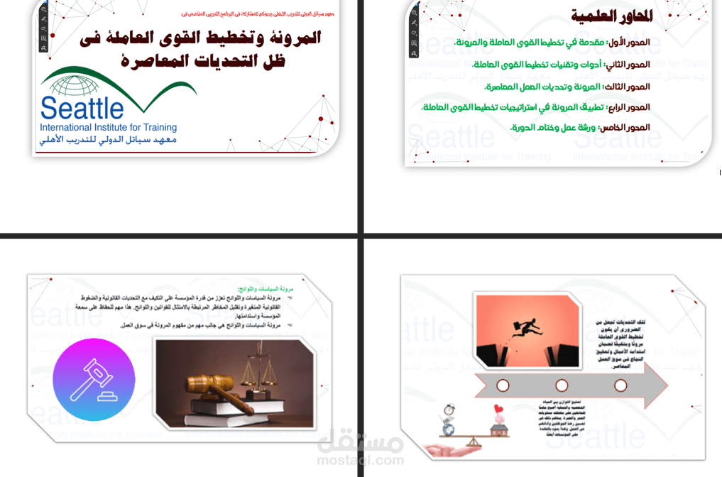 تصميم عرض تقديمي مكون من 120 شريحة بعنوان: "المرونة في التخطيط للقوى العاملة: استراتيجيات وتحديات في بيئة العمل المعاصرة"