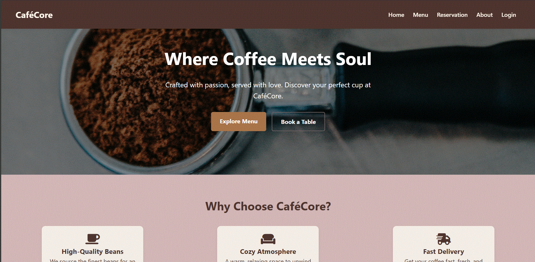 Project Showcase | CaféCore – Coffee Shop Website | مستقل