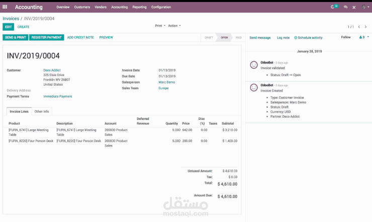 إصدار الفواتير الدورية من خلال نظام Odoo ومراجعتها قبل الإرسال