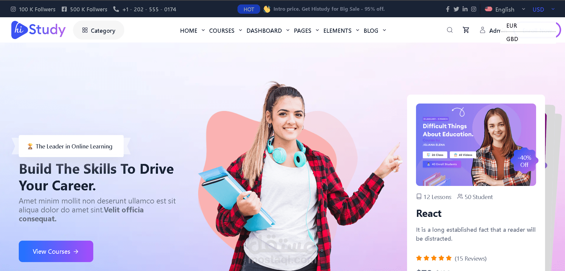 An online platform website for courses and selling books
