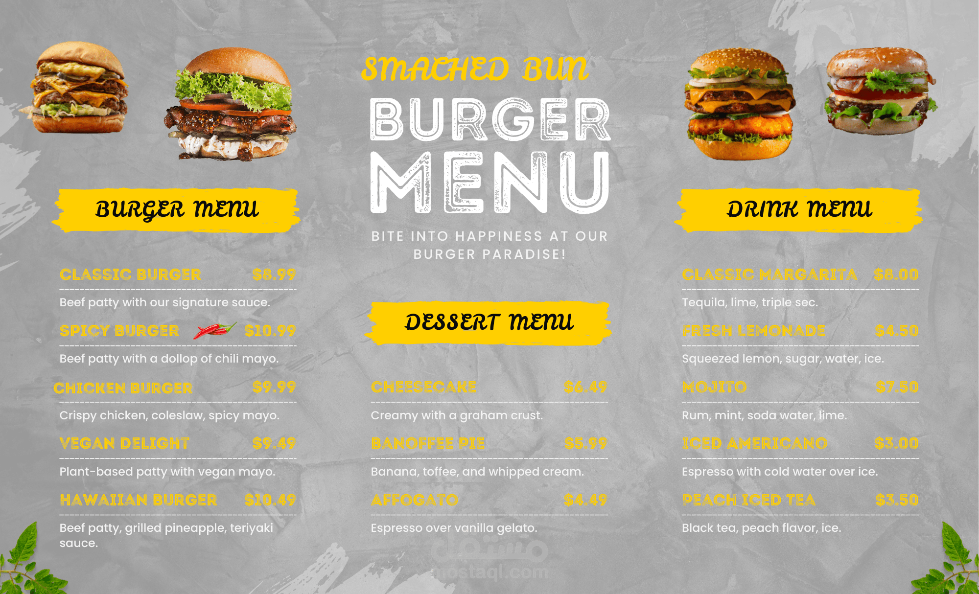 تصميم هوية بصرية وقائمة طعام (Menu) احترافية لمطعم برجر