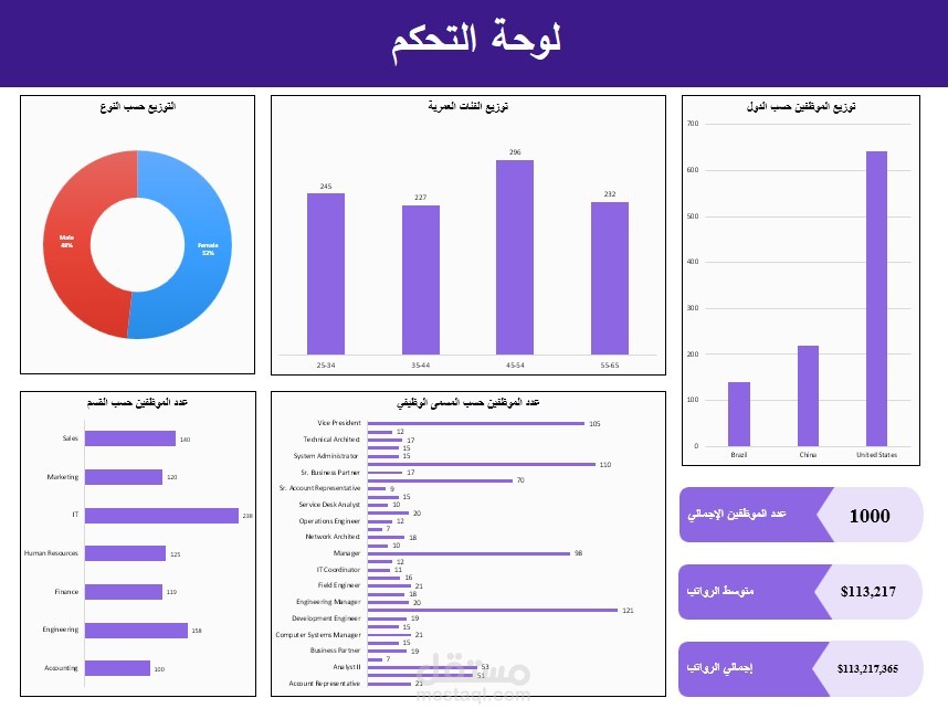 لوحة بيانات الموظفين وتحليل التوزيع الديموغرافي والوظيفي