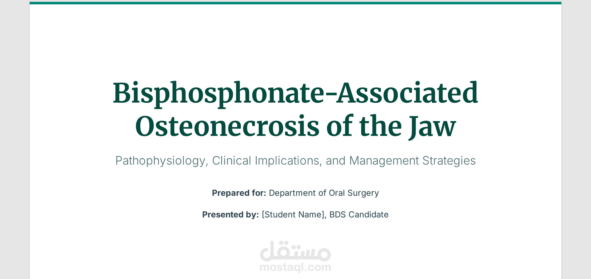 إعداد وتنسيق عرض تقديمي طبي (MRONJ) لطب الأسنان.