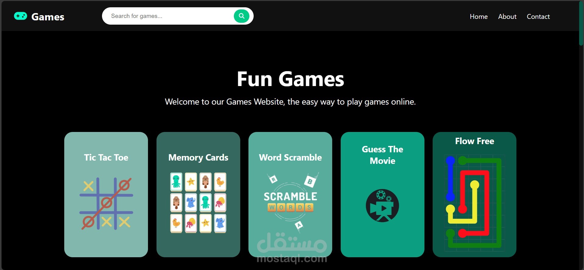 Games Website – موقع تفاعلي لخمس ألعاب باستخدام HTML/CSS/JavaScript