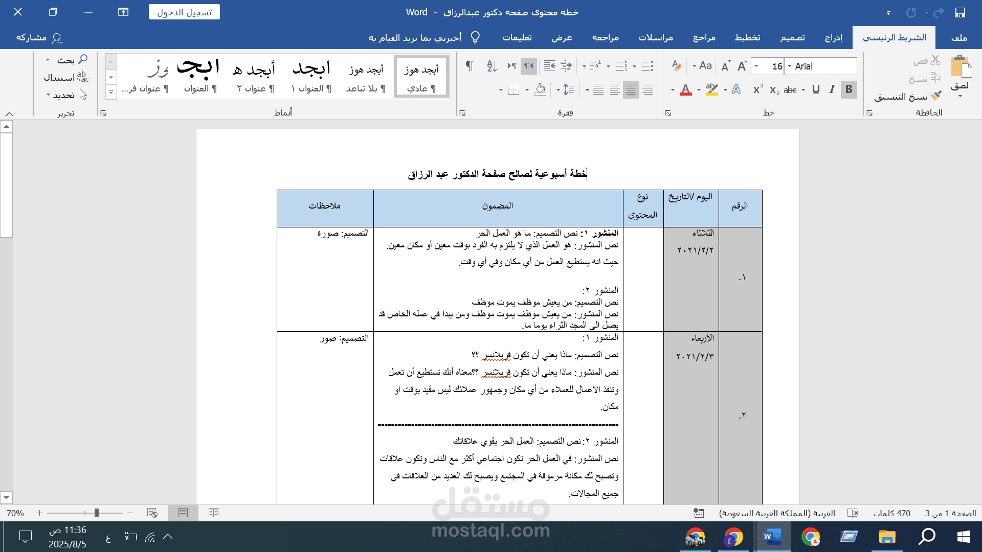 إعداد خطة محتوى توعوي وتسويقي موجه لروّاد العمل الحر - لصالح صفحة الدكتور عبدالرزاق