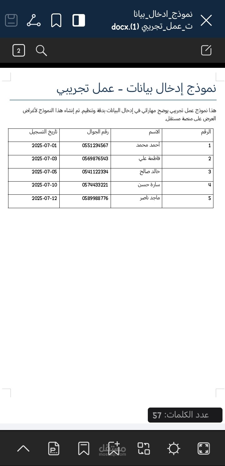 نموذج إدخال بيانات باستخدام Excel - عمل تجريبي