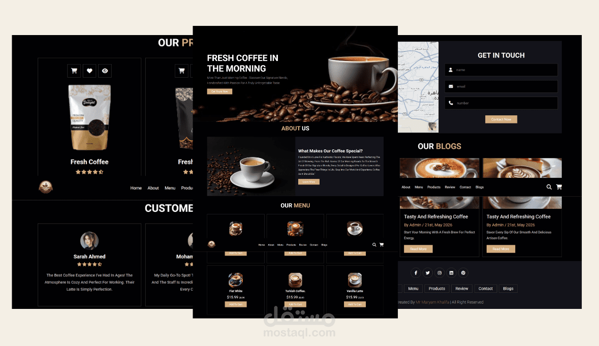 تصميم وتطوير واجهة موقع متكامل ومتجاوب لمقهى وعلامة تجارية لبيع القهوة | Aroma Cafe