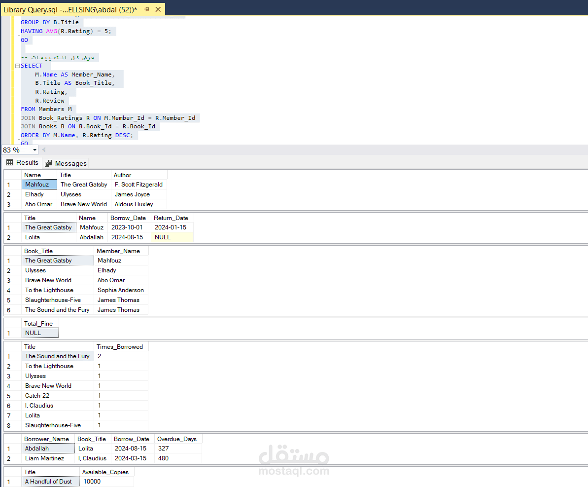 نظام إدارة مكتبة احترافي SQL Server – إنشاء كامل + تحليل بيانات + توثيق