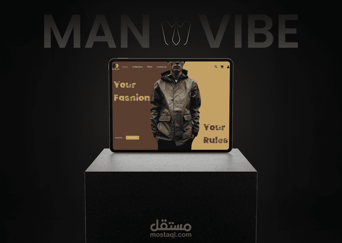 تصميم صفحة هبوط لمتجر "Man Vibe" لشراء الملابس الرجالي والبدلات الرسمية اونلاين