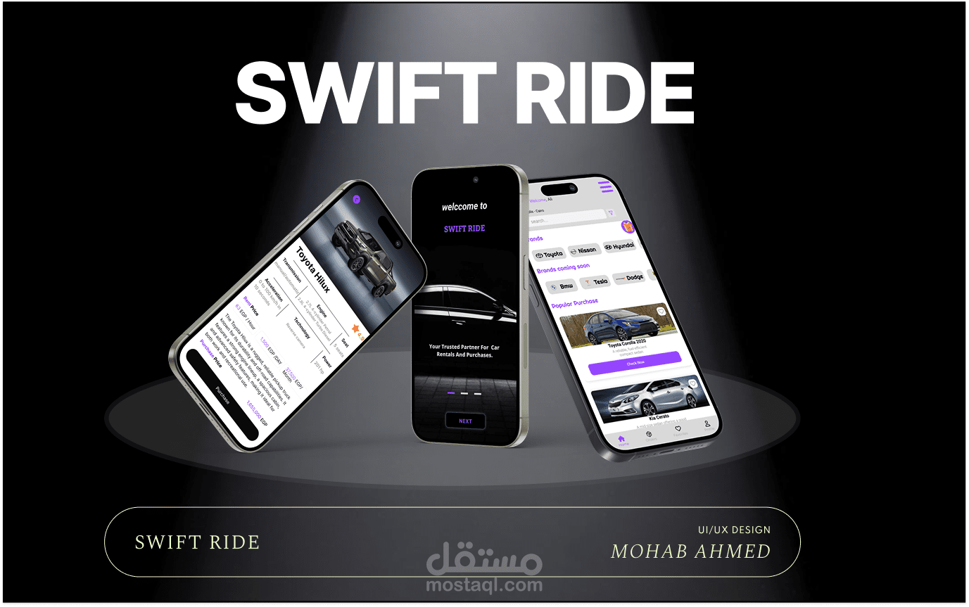 تصميم واجهة مستخدم UI/UX لتطبيق Swift Ride لحجز وشراء السيارات من المعرض