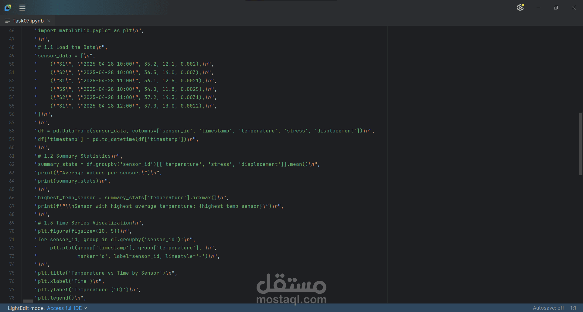 تحليل بيانات حساسات هندسية باستخدام Python – تمثيل إحصائي وبياني