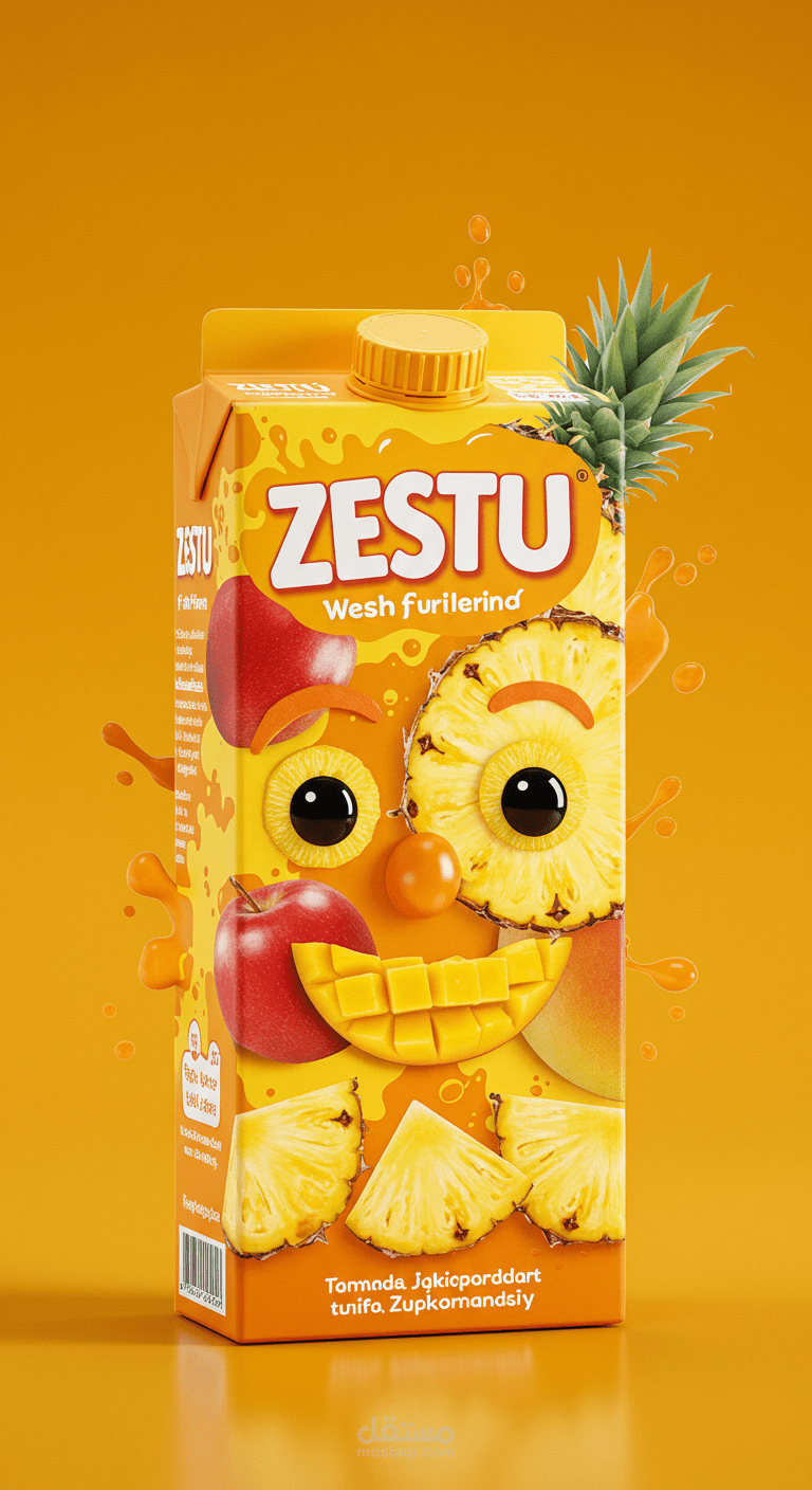 تصميم عبوة عصير "ZESTU" بستايل مرح وفاكهي للأطفال
