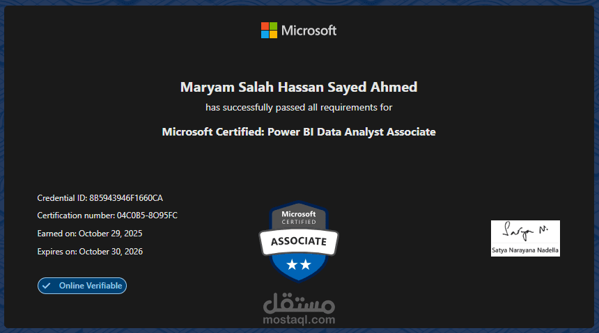Microsoft Certified: Power BI Data Analyst Associate (شهادة اعتماد ميكروسوفت لي كمحللة بيانات متخصصة في برنامج Power BI)