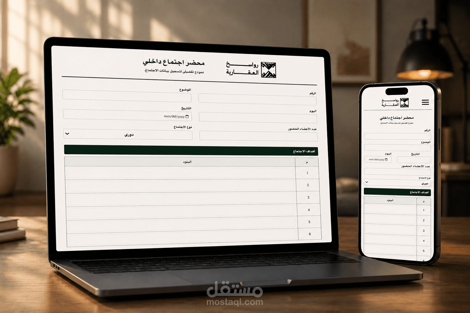 نظام تقارير تفاعلي لشركة رواسخ العقارية مع إنشاء وتحميل ملفات PDF بسهولة