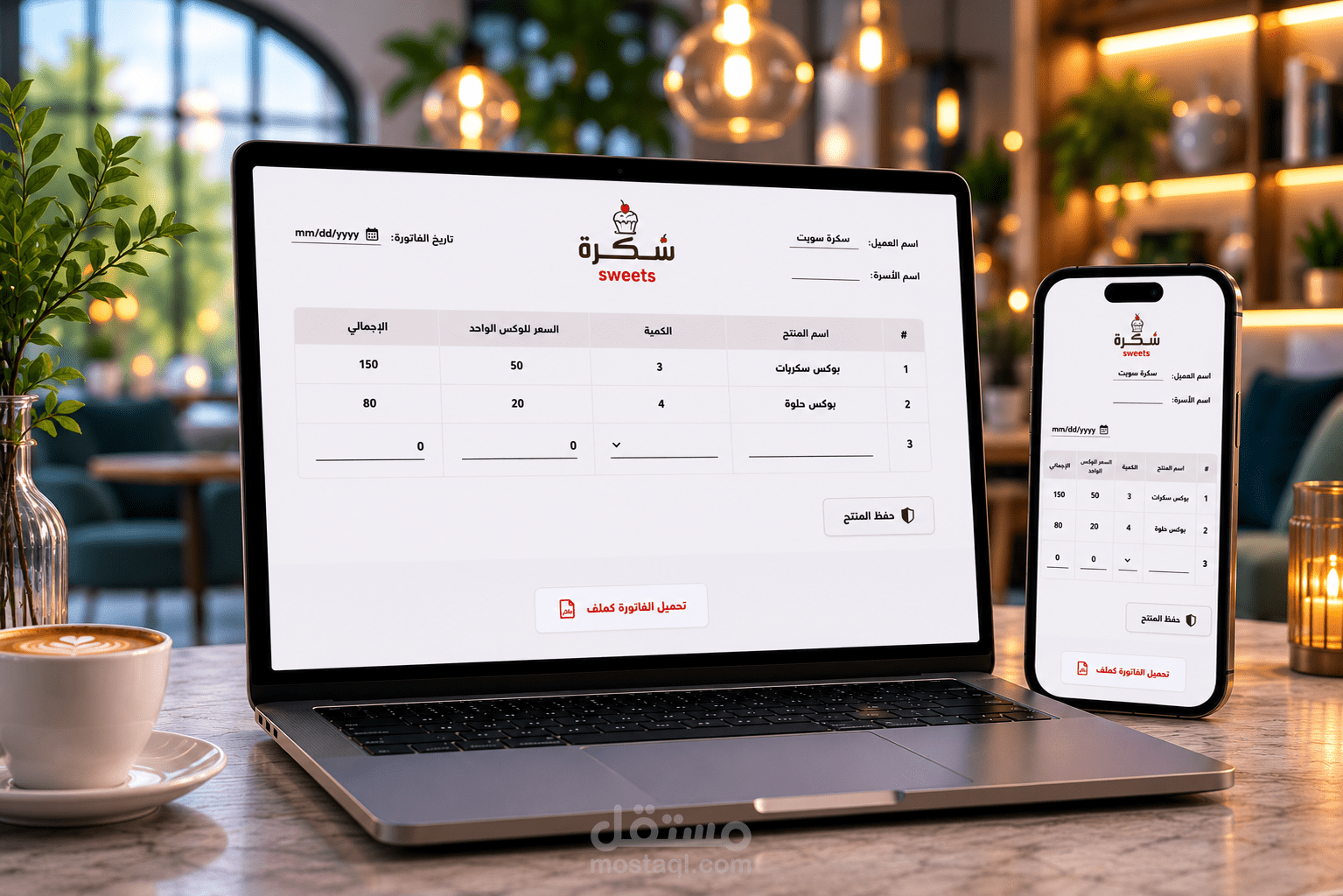 نظام فواتير احترافي لشركة سكرة للحلويات مع حساب تلقائي ونموذج إنشاء فاتورة PDF