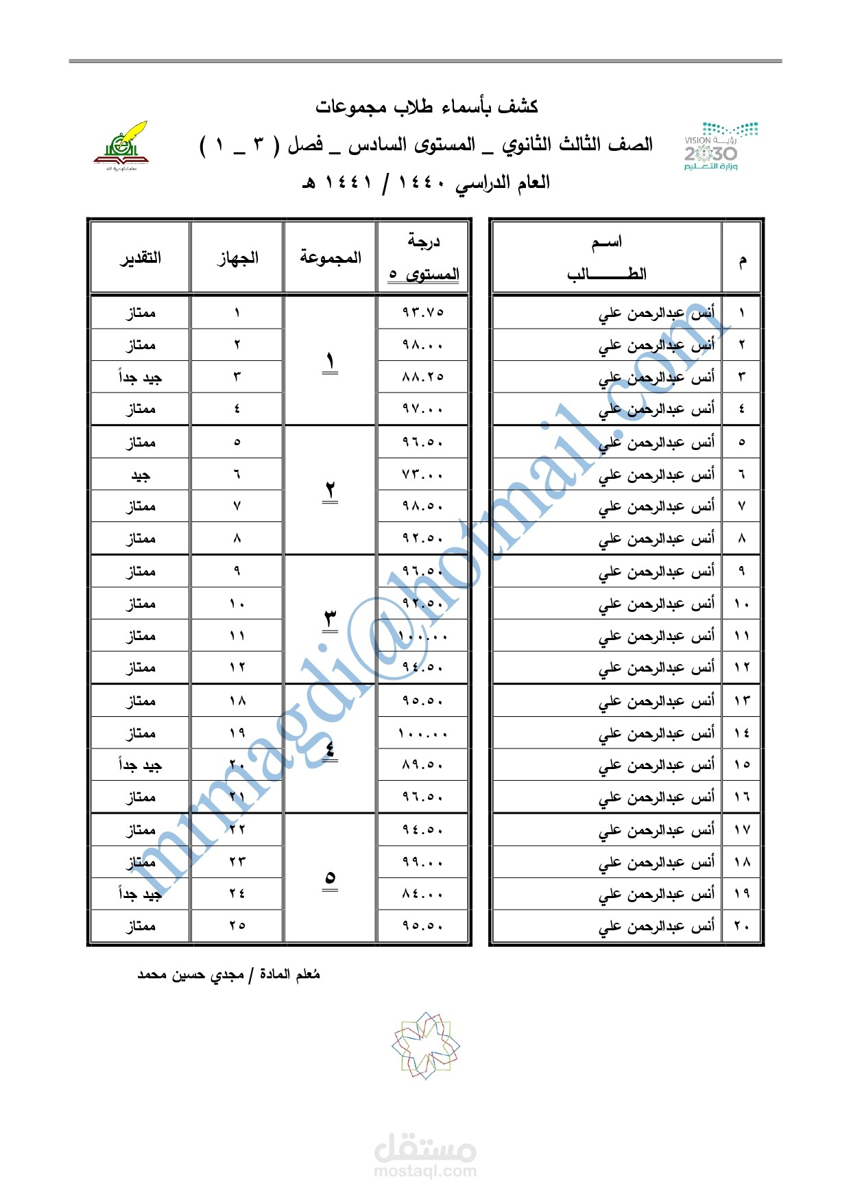 أعمال Word _ كشف بأسماء طلاب المجموعات _ ف2
