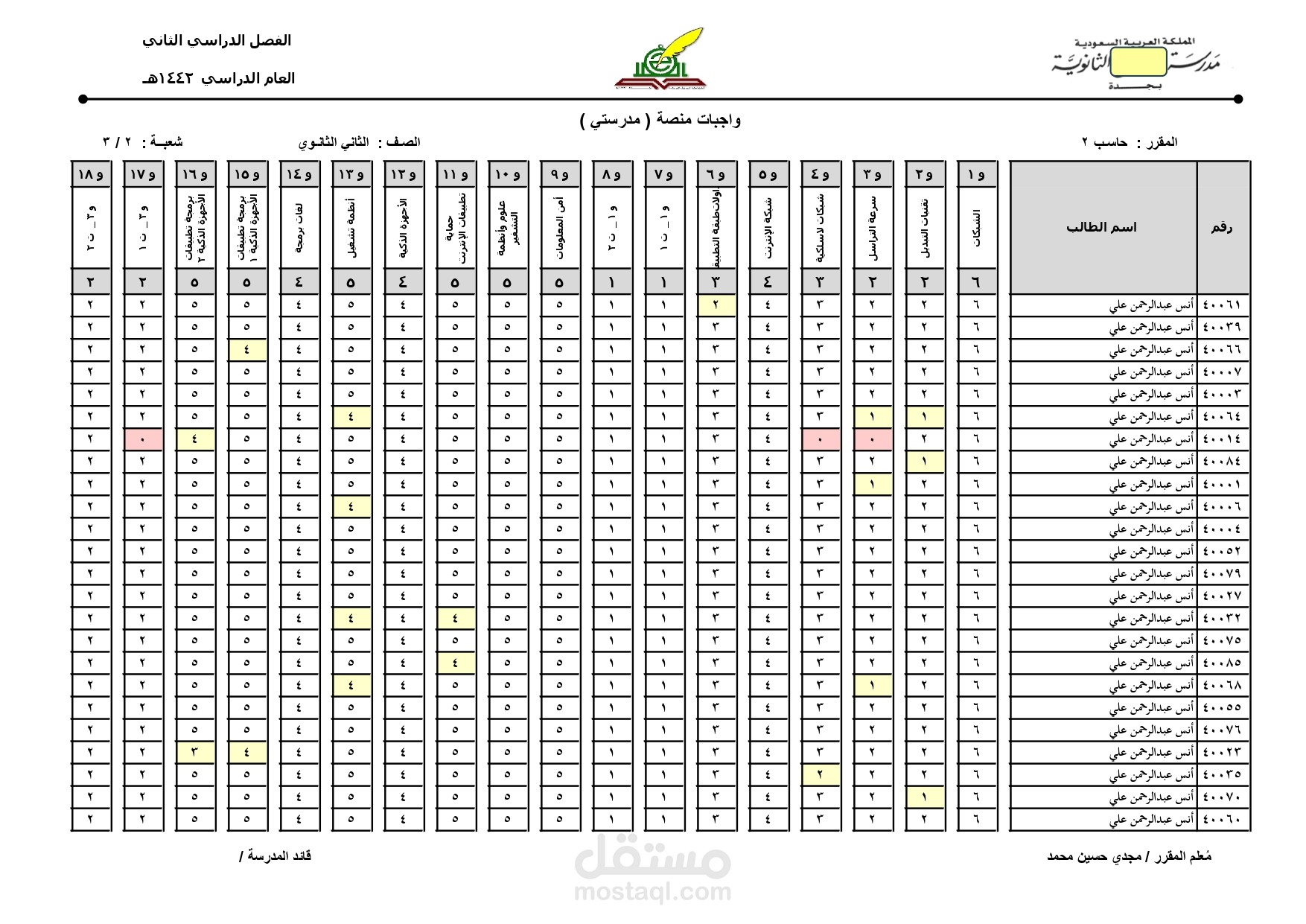 أعمال Excel _ سجل متابعة واجبات الطلاب في منصة مدرستي