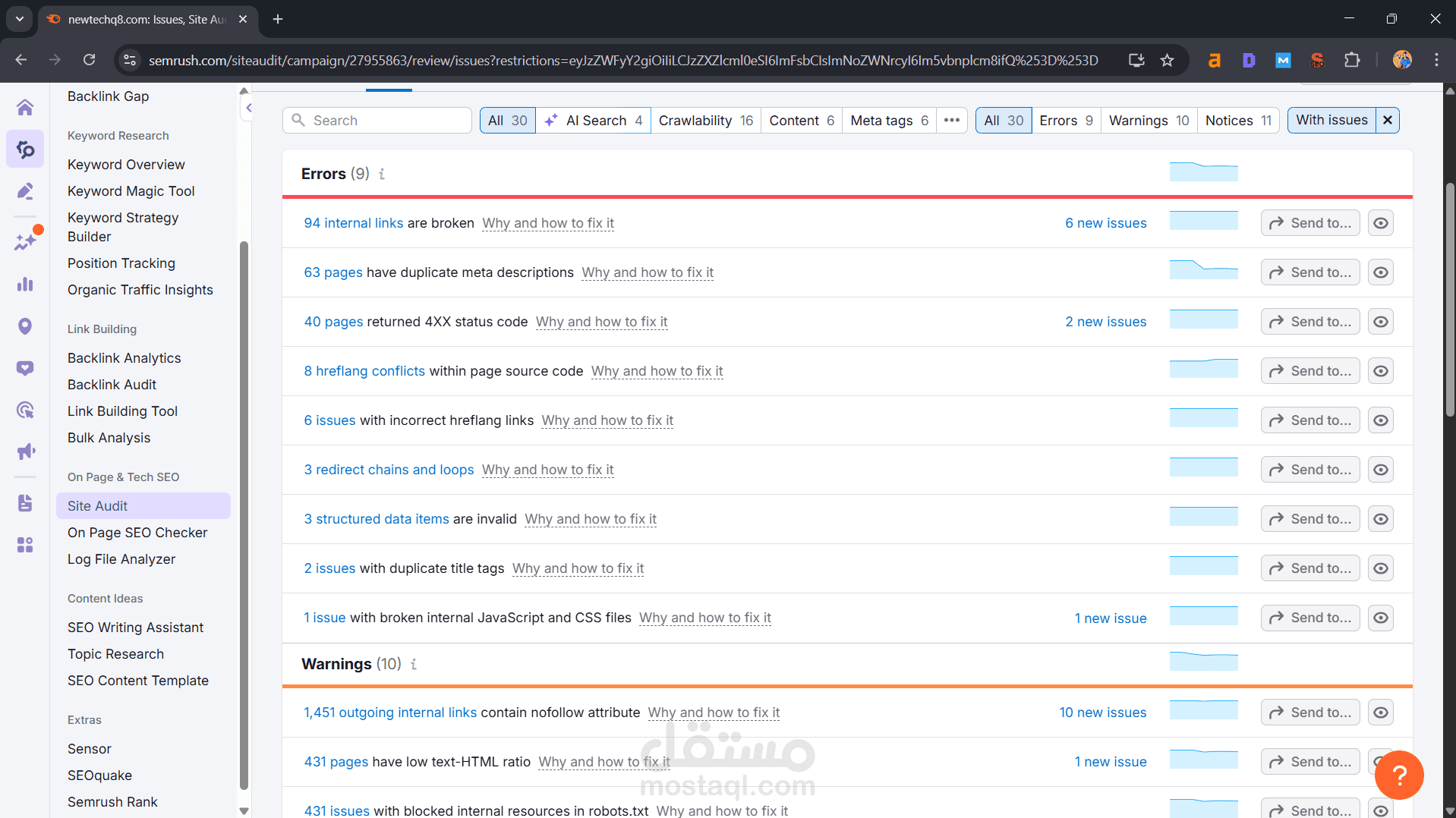 التعامل مع جميع مشاكل الـ Technical SEO كما يظهر في تقارير SEMrush Site Audit