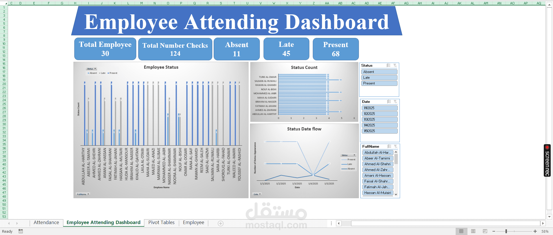 تصميم Dashboard احترافي لنظام Attendance مرتبط بقاعدة بيانات Access