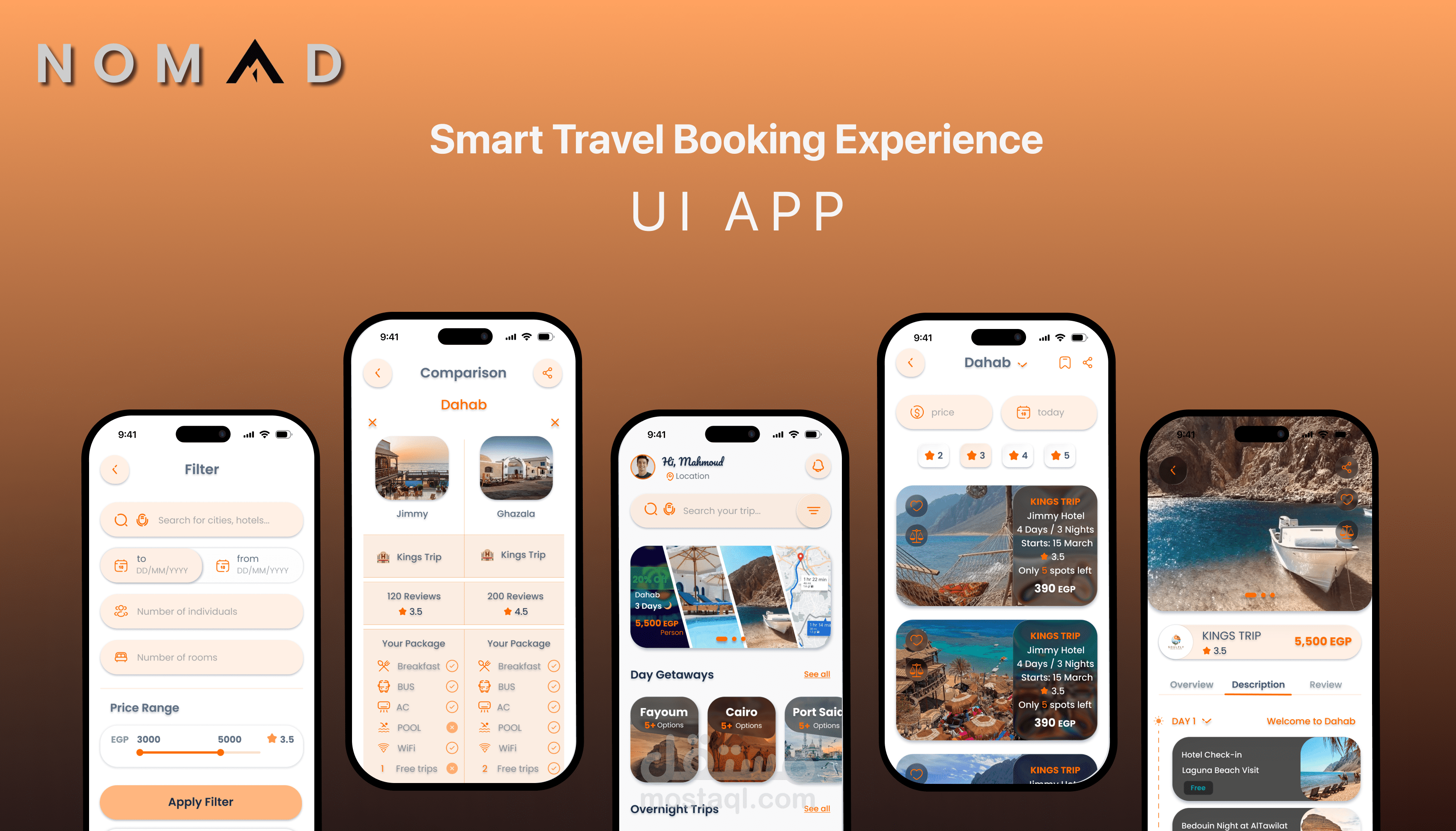 تصميم واجهات تطبيق "NOMAD" للسفر والرحلات (UX/UI Case Study)