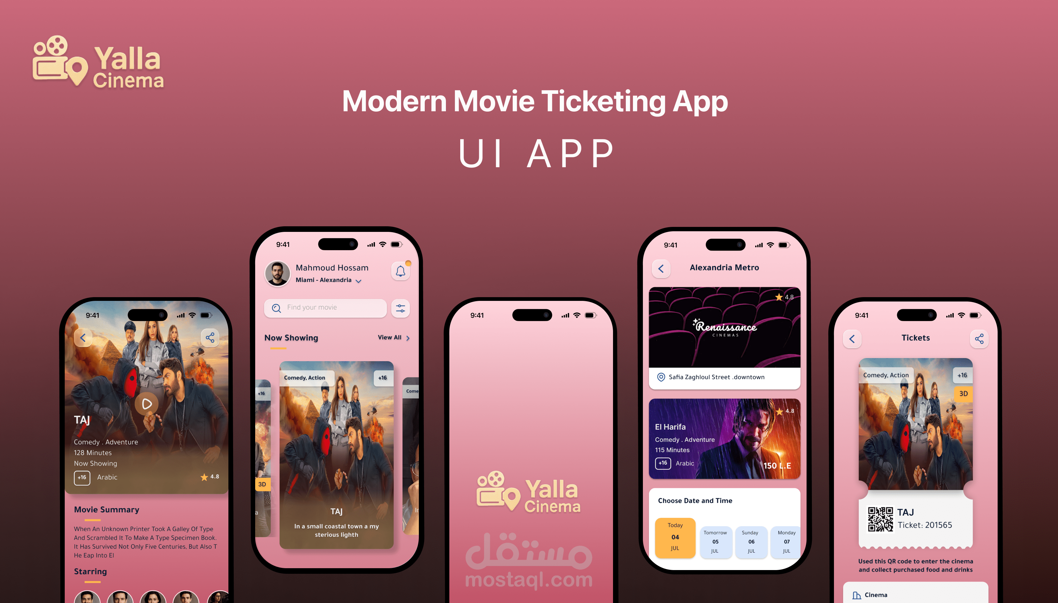 تصميم واجهات تطبيق "يلا سينما" لحجز تذاكر الأفلام (UI/UX Design)