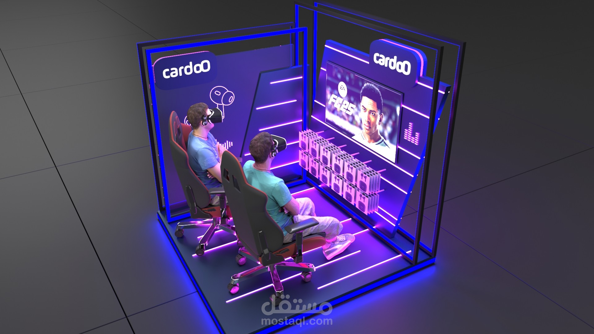 تصميم منصة عرض تفاعلية (VR/Gaming Booth) لبراند Cardoo
