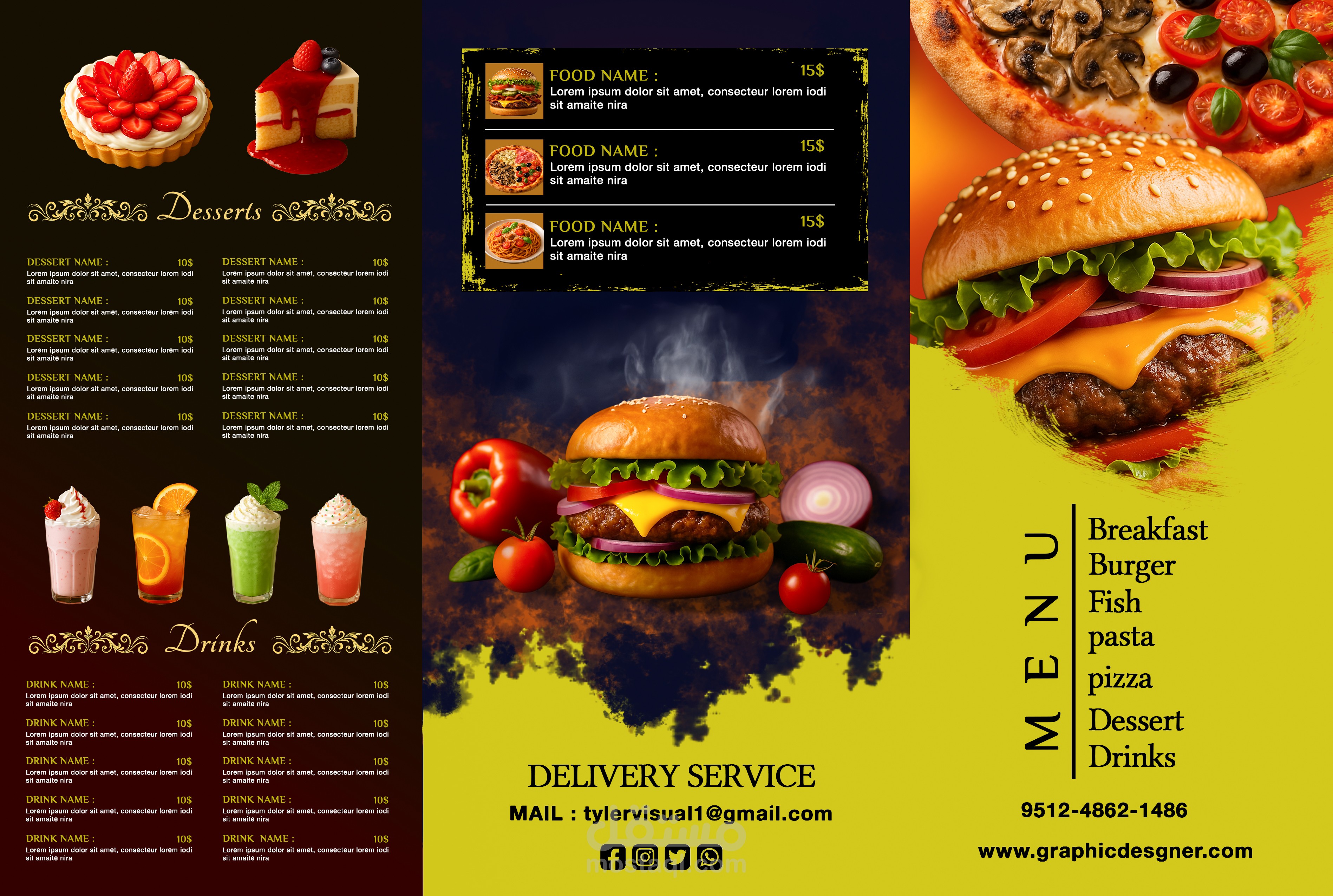 تصميم منيو مطعم احترافي – طعام سريع وحلويات