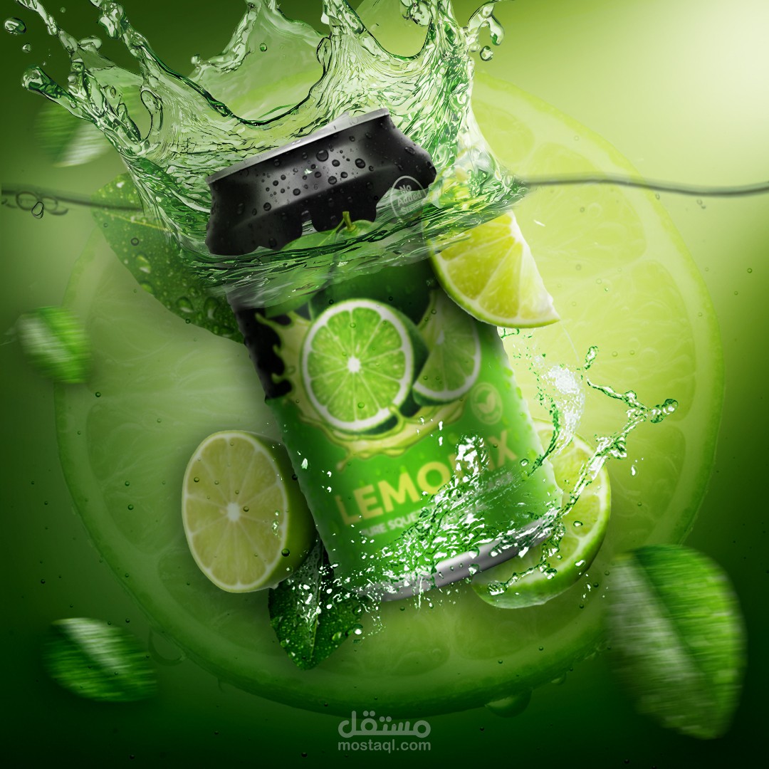 تصميم إعلاني لعلبة مشروب غازي بنكهة الليمون (Lemonix)