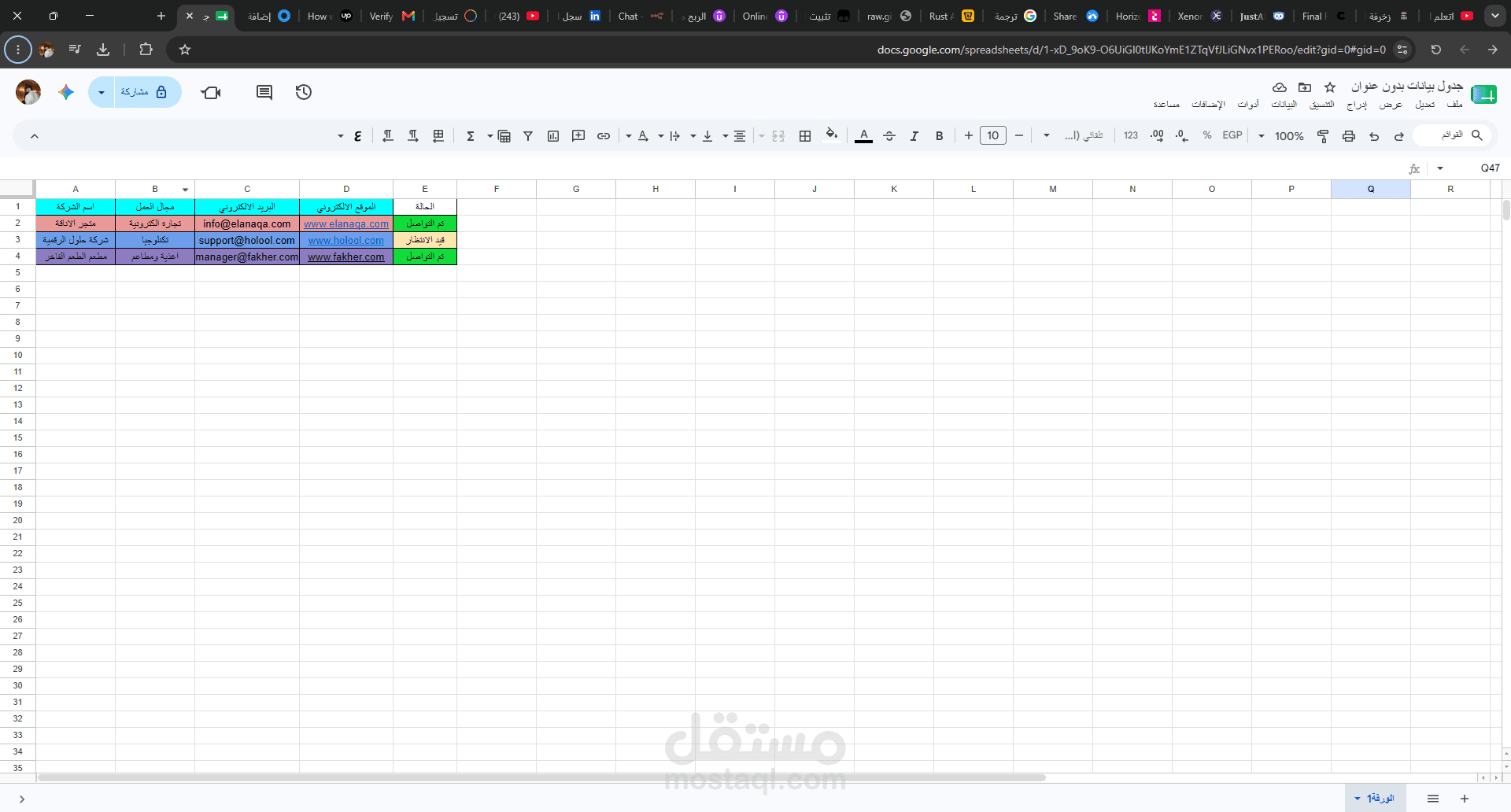 نموذج تنسيق وإدخال بيانات الشركات الناشئة (Google Sheets)
