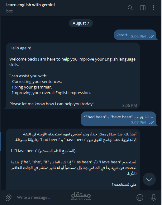 بوت تعليمي وتفاعلي للغة الإنجليزية على Telegramمبني بالذكاء الاصطناعي