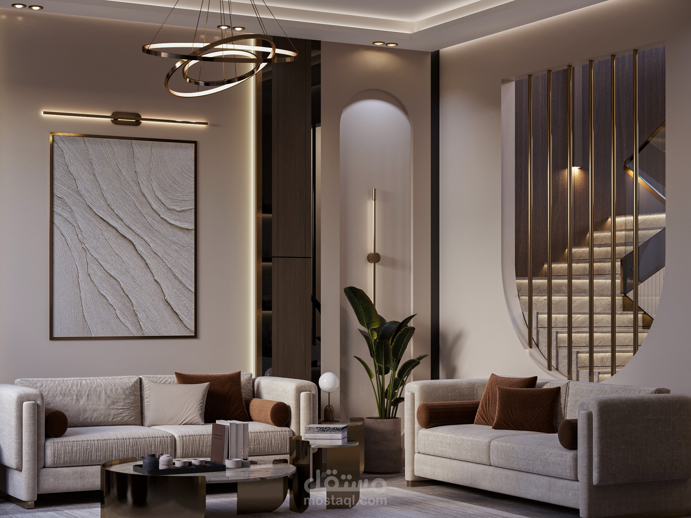 تصميم داخلي عصري لصالة معيشة مع سلم داخلي