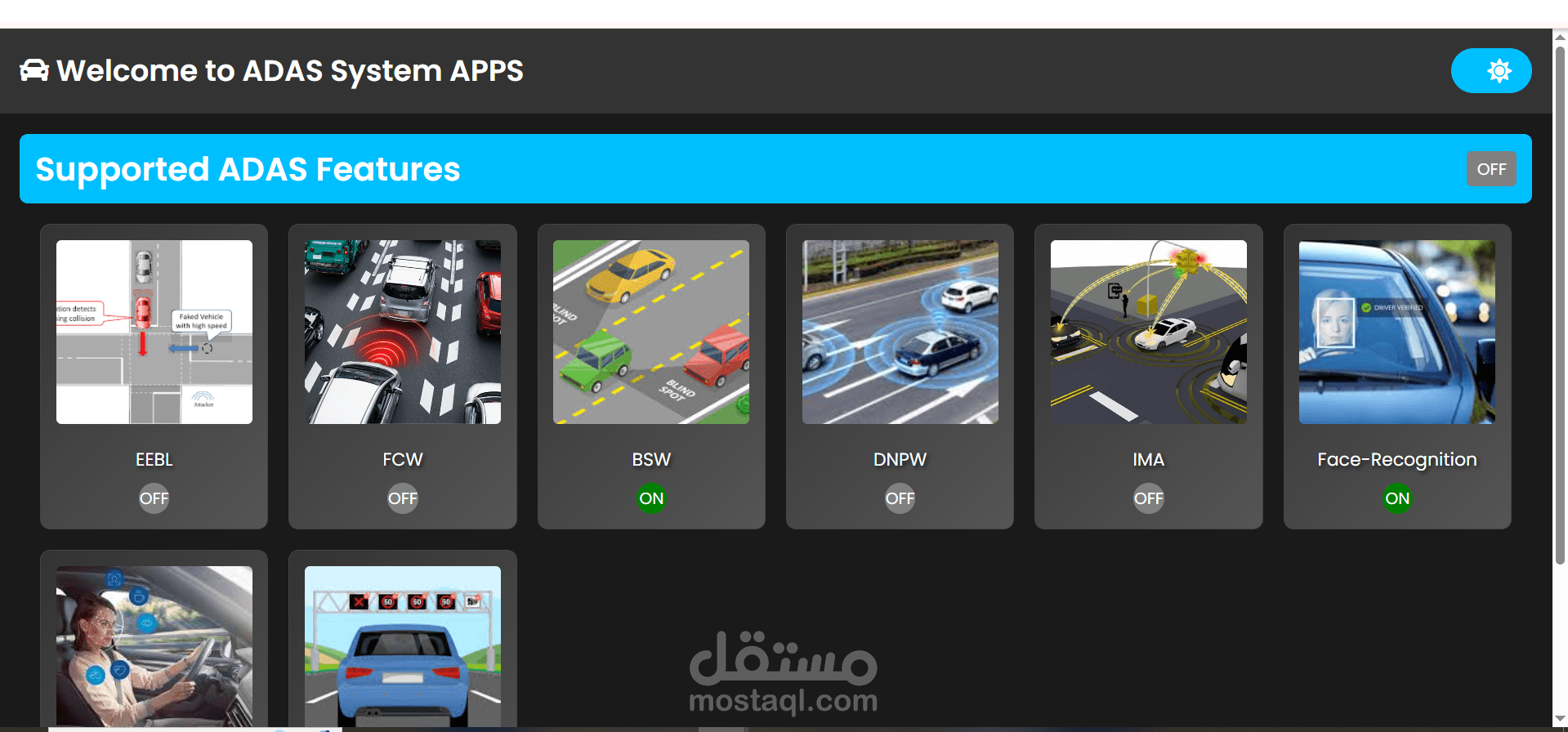 تصميم صفحة Features تفاعلية لعرض حالة أنظمة ADAS (ON/OFF) بشكل مباشر