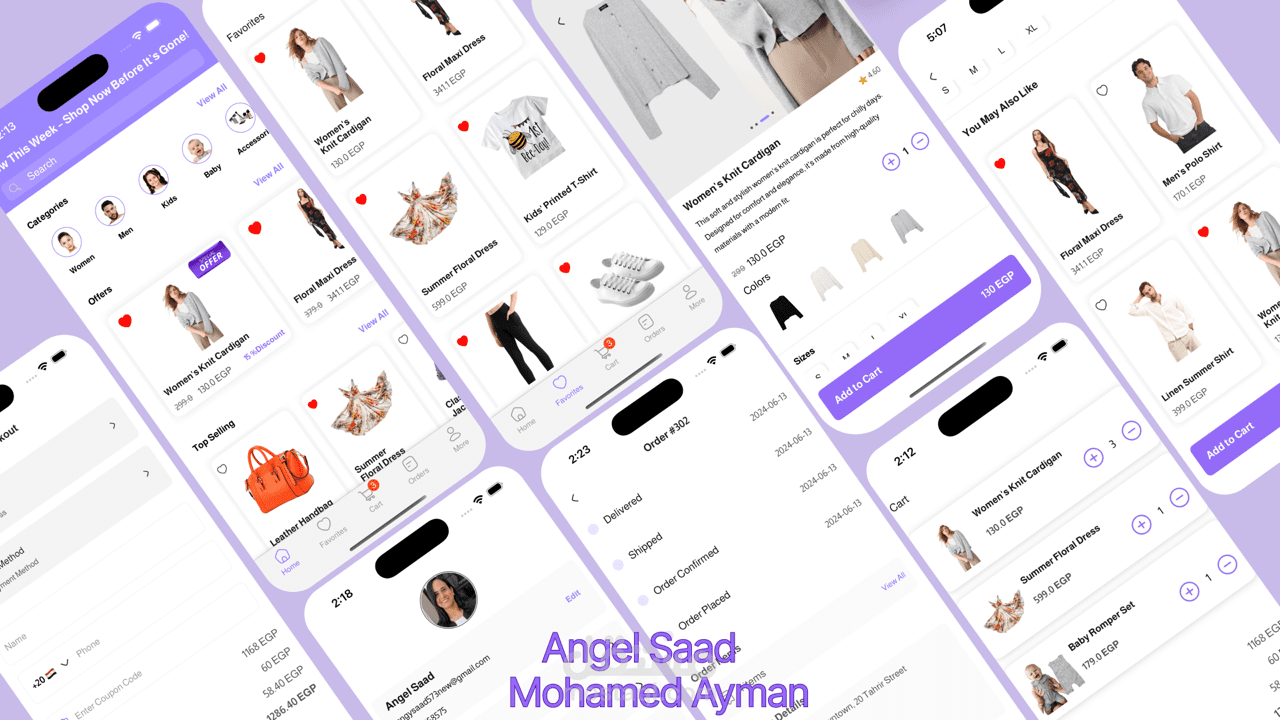 تطبيق تسوّق عبر الهاتف يوفّر تجربة استخدام سلسة ومتكاملة، مع أقسام رئيسية تشمل: الصفحة الرئيسية، سلة المشتريات، وخاصية البحث.