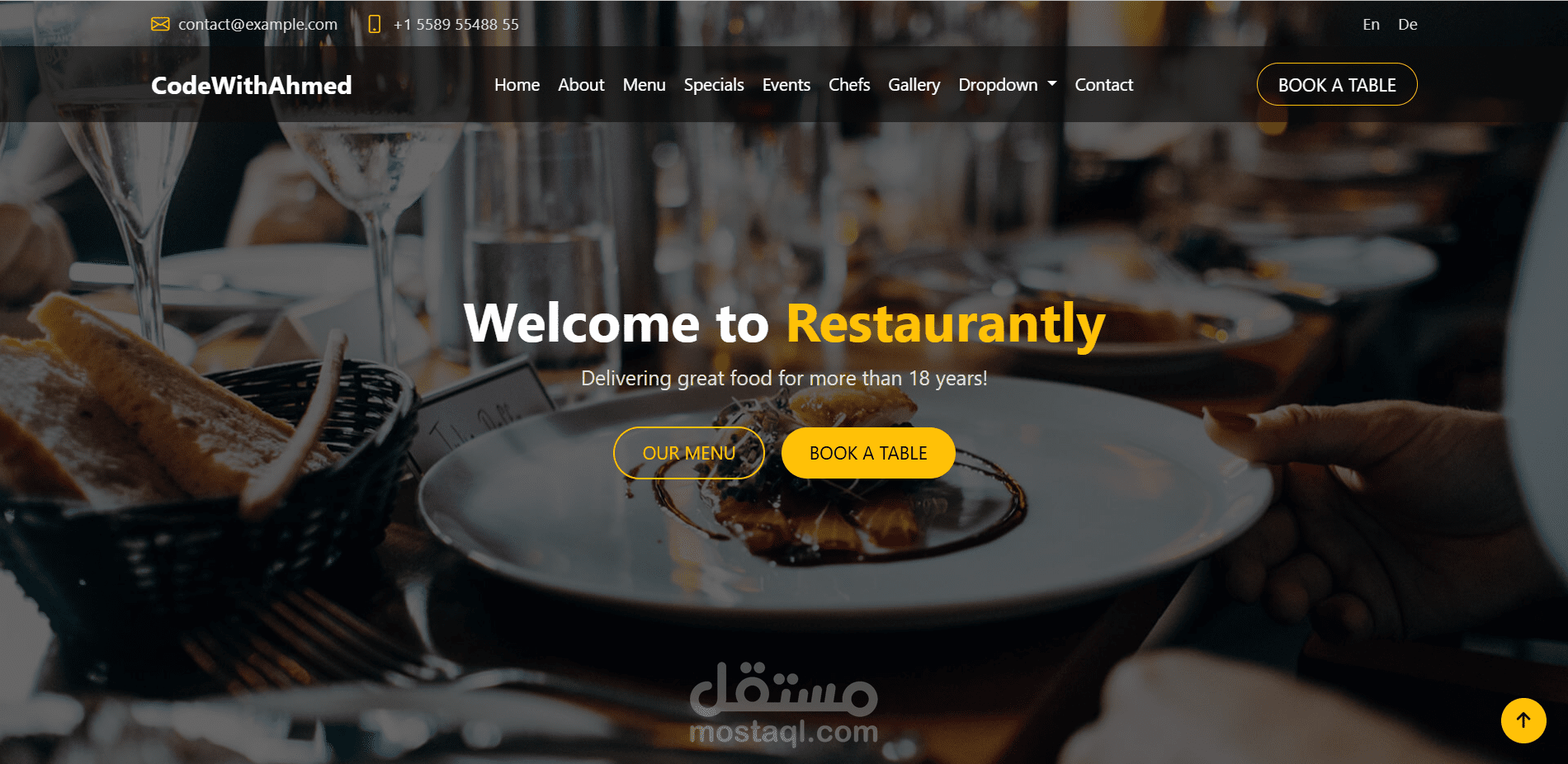 مشروع موقع مطعم احترافي لعرض القائمة وحجز الطلبات أونلاين