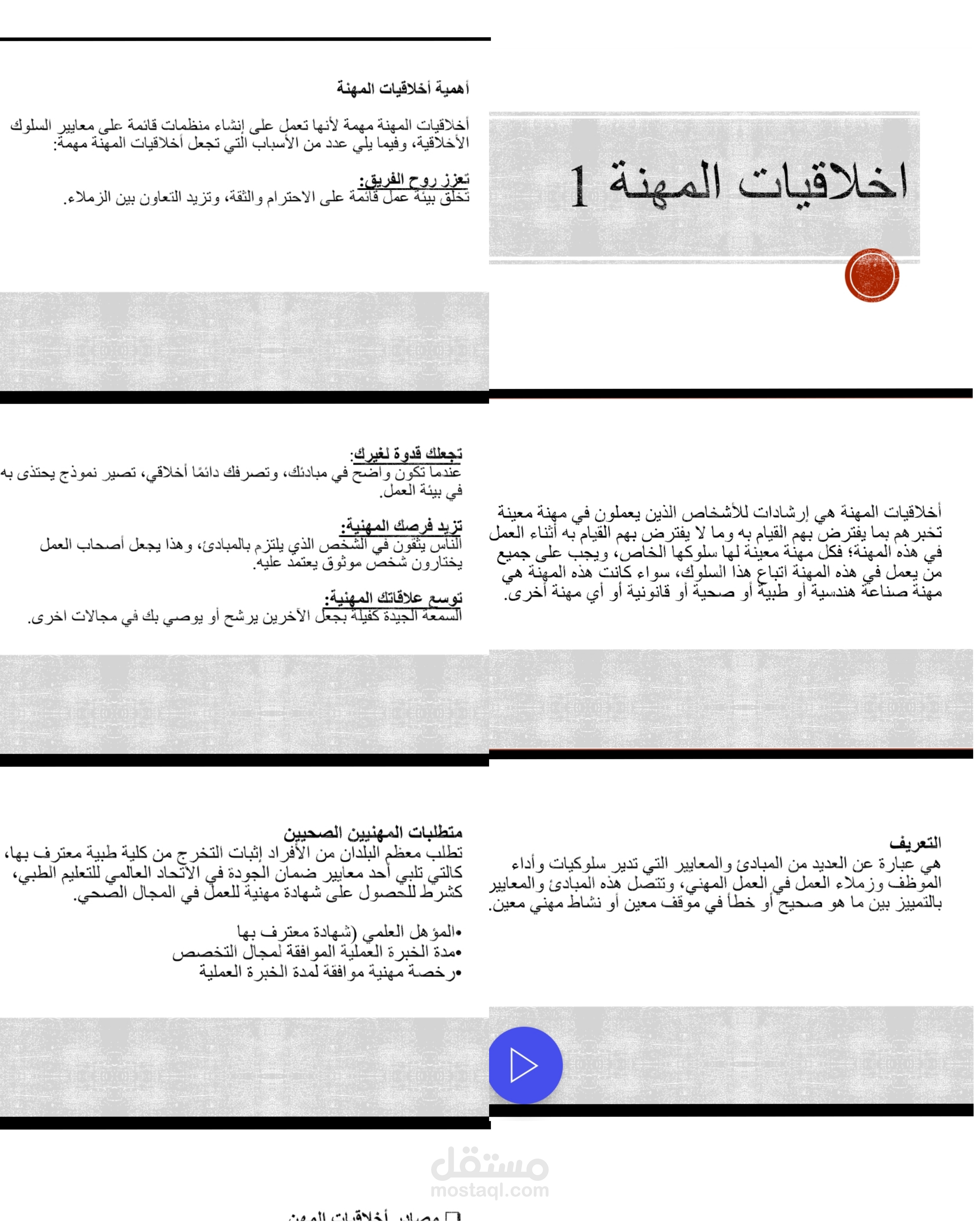 إعداد محتوى تعليمي طبي لمادة أخلاقيات المهنة