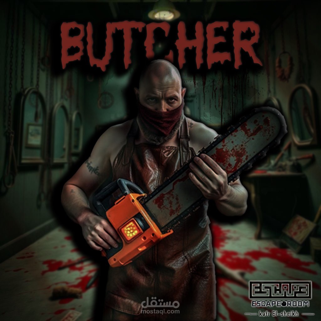 تصميم بوستر دعائي مرعب لغرفة هروب "The Butcher" – كفر الشيخ