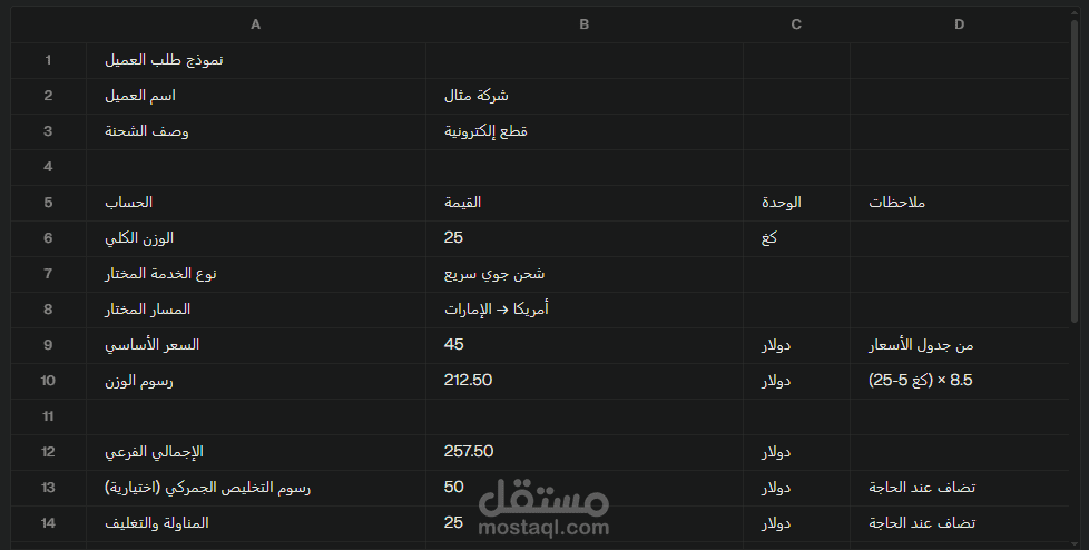 نموذج حساب العروض السعرية price qoutes calculator