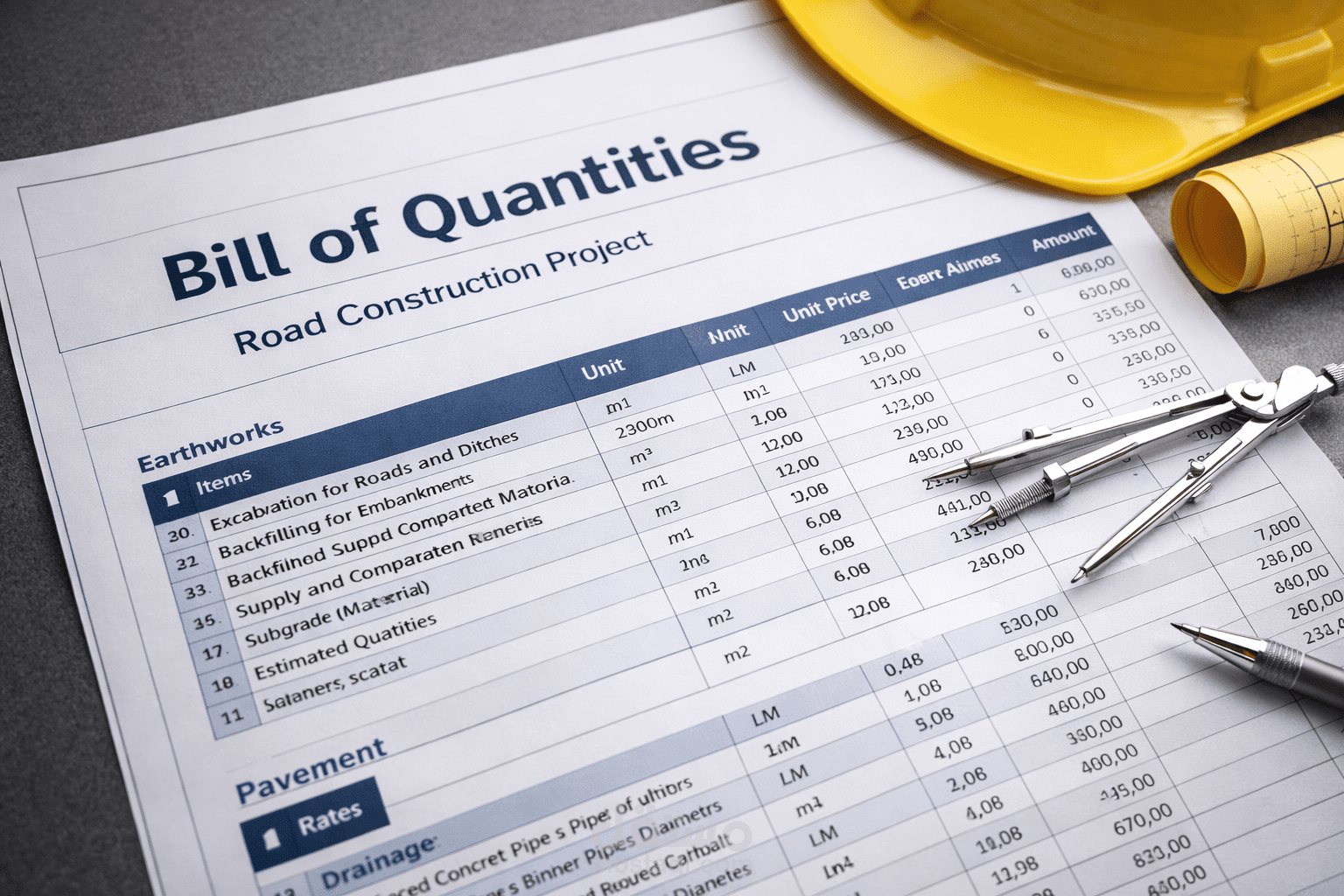 إعداد جدول كميات (BOQ) لمشروع طريق داخلي