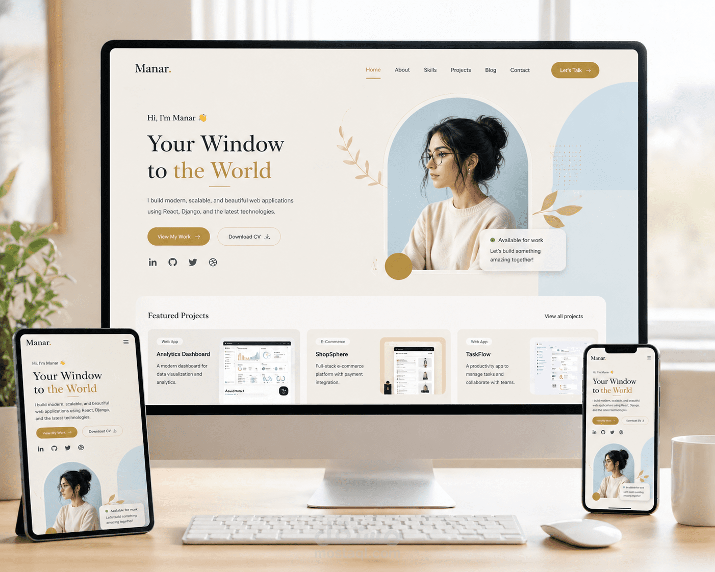 واجهتك للعالم البورتفوليو الشخصي باستخدام  React &Tailwind (HTML, Java Script, Bootstrap)