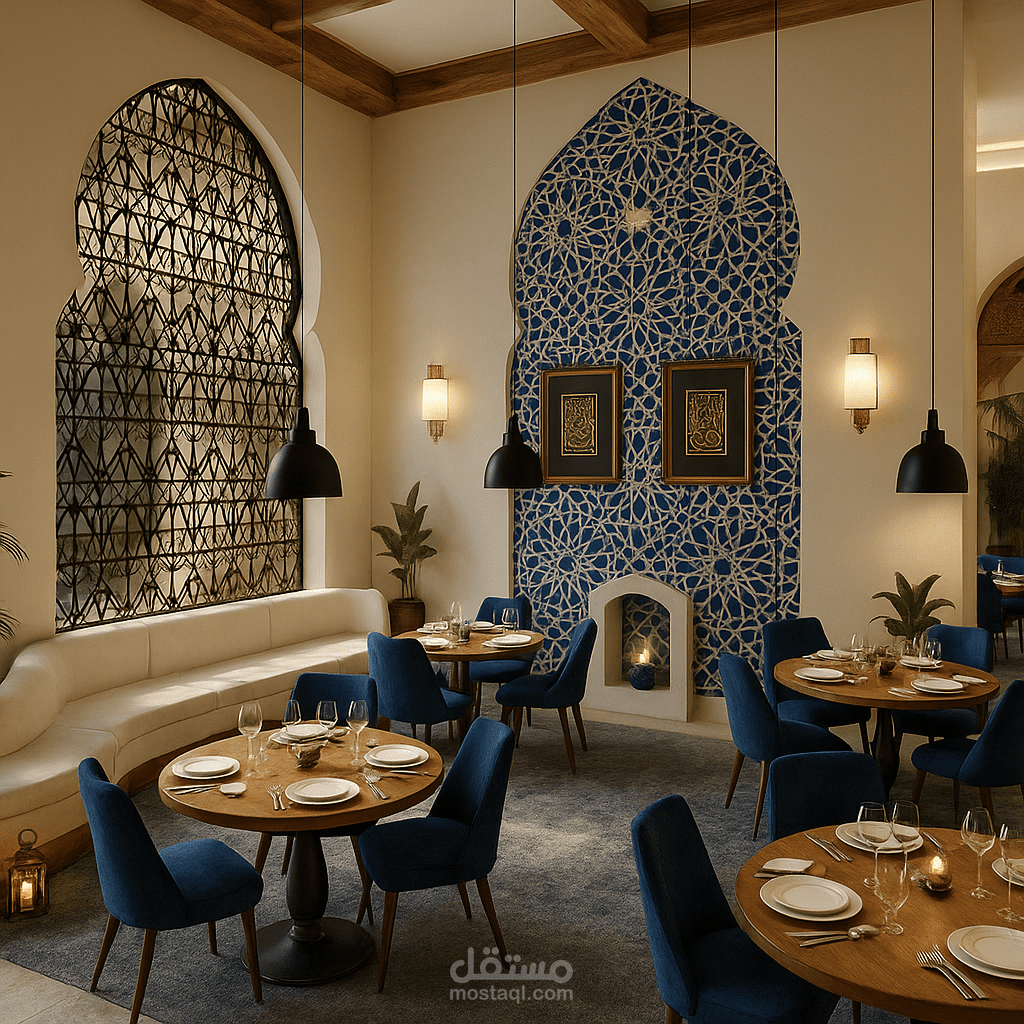 تصميم مطعم علي الطراز الاسلامي الحديث بستخدام 3d max