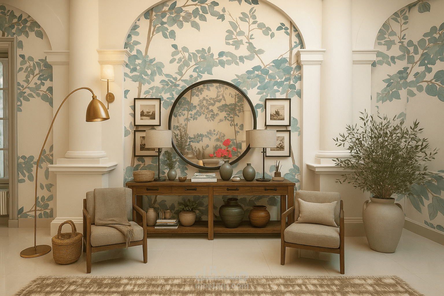 تصميم ثلاثي الأبعاد لركن استقبال أنيق بطابع كلاسيكي طبيعي